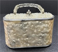 (F) Vintage White Pearlized Lucite Purse Carved