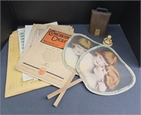 (F) Mixed Lot Includes Ephemera,  Cow Bell, Fans,