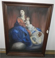Vintage Large Oil on Canvas: Mary & Baby Jesus