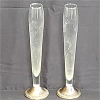 Pair of etched glass sterling silver weighted