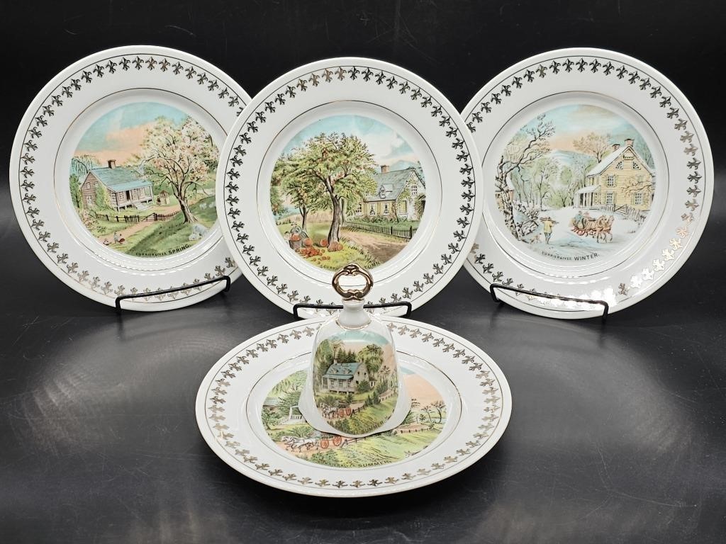 4- Courrier & Ives 4 Season 8¼in Plates & 1- Bell