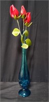 Glass vase w/ 3 ceramic roses