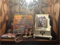 LOT OF TOYS, MARKERS AND DOLL SEAT WITH DRAWER