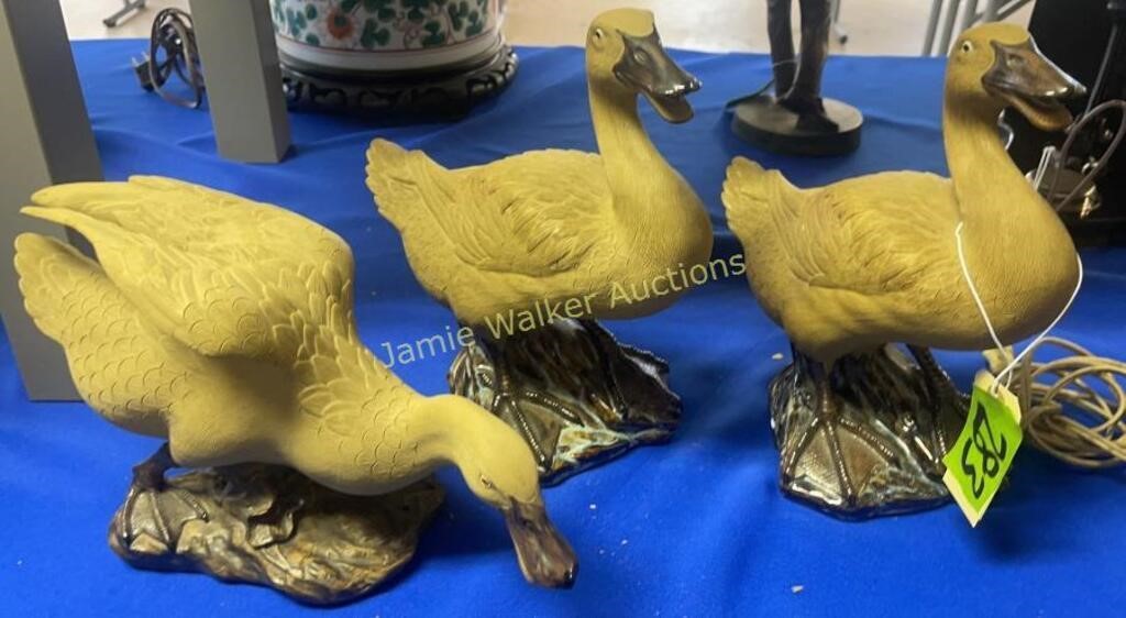 3 Chinese Pottery Ducks Figurines. Up To 10" Tall
