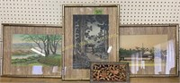 3 Japanese Wood Block Prints, Carved Wood