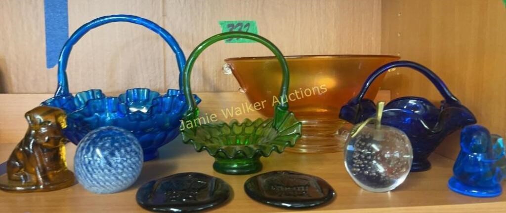 Carnival Glass Bowl, Ruffled Rim Glass Baskets,