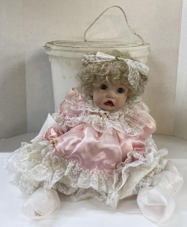 (R) Unmarked Porcelain Doll (17”) w/ Bucket