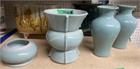 Celadon Pottery Vases, Powder Jar, Signed Pottery