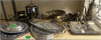 Shelf Lot Silver Plate. Tea Set, Ice Bucket,