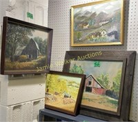 4 Pictures. Oil On Canvas Farmhouse Barn Scene,