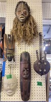 4 Carved African Masks, 18" Kora Musical