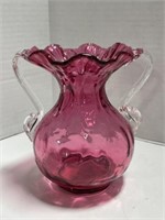 Cranberry Glass Vase with Clear Double Handles
