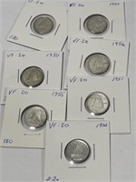 7 Canadian 1950s 10 Cent Coins1950-52, 55-57, 59