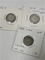 3 Canadian 10 Cent Coins - 1920 Silver Drilled,