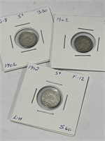 3x 1902 Canadian 5 cent coins