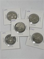 5x 1991 Canadian 50 Cent Coins
