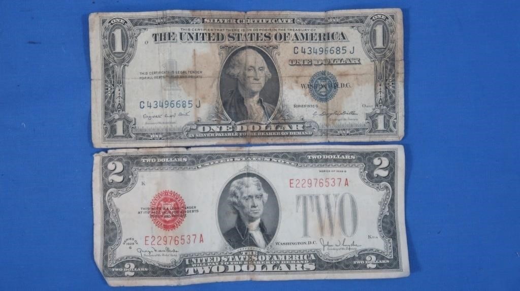 1928-G Red Seal 2 Dollar Bill, 1935-G 1 Dollar