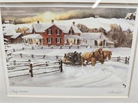 Signed PRINT Winter Horse Farm Scene By Walter