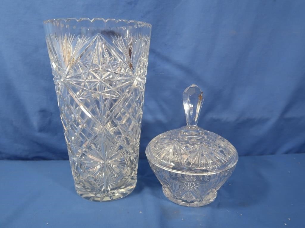Lg Crystal Vase, Lidded Candy Dish