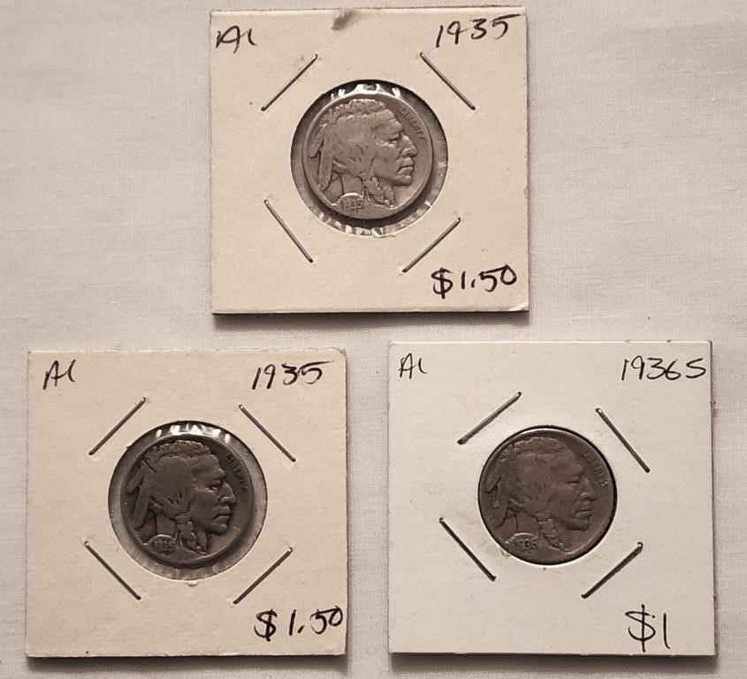 2 1935,1 1936s Buffalo Nickels