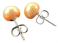 Peach Cultured Pearl Stud Earrings - 925 Sterling