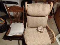 Wooden Press Back Chair & Rocking Chair w/ Cushion