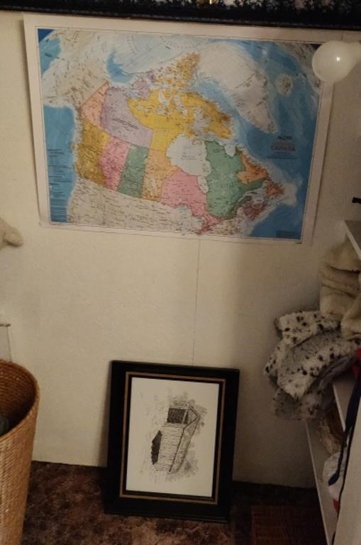 Map, Framed Art, Blankets, Pillows, etc