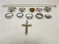 (10) Costume Rings, Cross Pendant, & Necklace