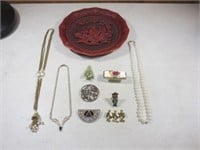 Collectible Asian Plate & Costume Jewelry Pieces