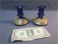 Set Of (2) Cobact Blue Glass Candle Holders Made