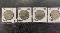 (4) 1980 Canadian 1 Dollar Coins