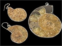 Ammonite Fossil Earrings & Pendant