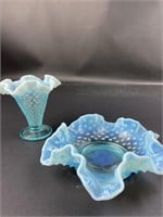 2pc FENTON Blue Opalescent Hobnail Art Glass