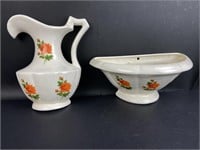 (2) Vintage Orange Floral Ceramic Wall Pockets