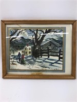 Framed SIgned Watercolor Winter Scene