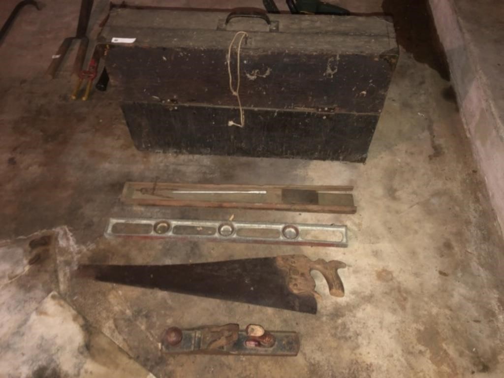 Vintage Wood Carpenter's Tool Box & Tools