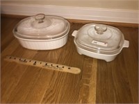 (2) White Corning Ware Covered Bowls