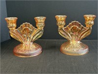 Marigold Carnival Glass candleholders, iris