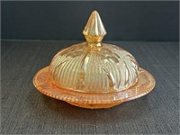 Marigold Carnival Glass butter dish, iris