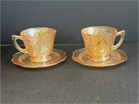 Marigold Carnival glass cups & saucers, iris