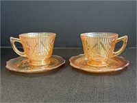 Marigold carnival glass cups & saucers, Iris