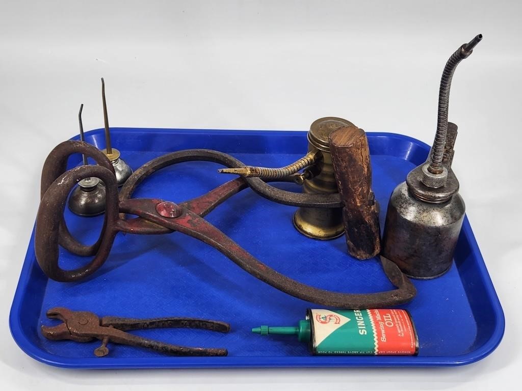 ANTIQUE OILERS, SINGER OIL CAN, ICE HOOKS,