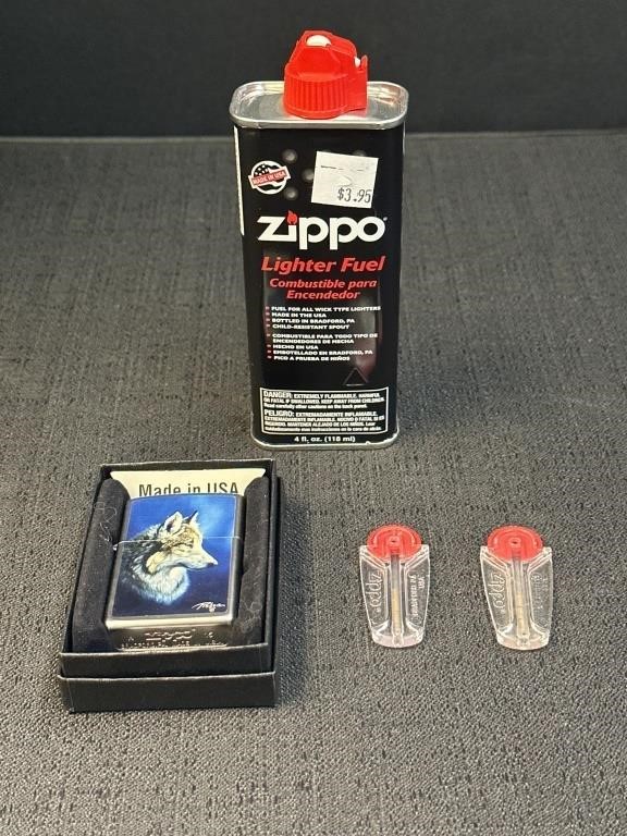Zippo Lighter in box, lighter fluid & Flint
