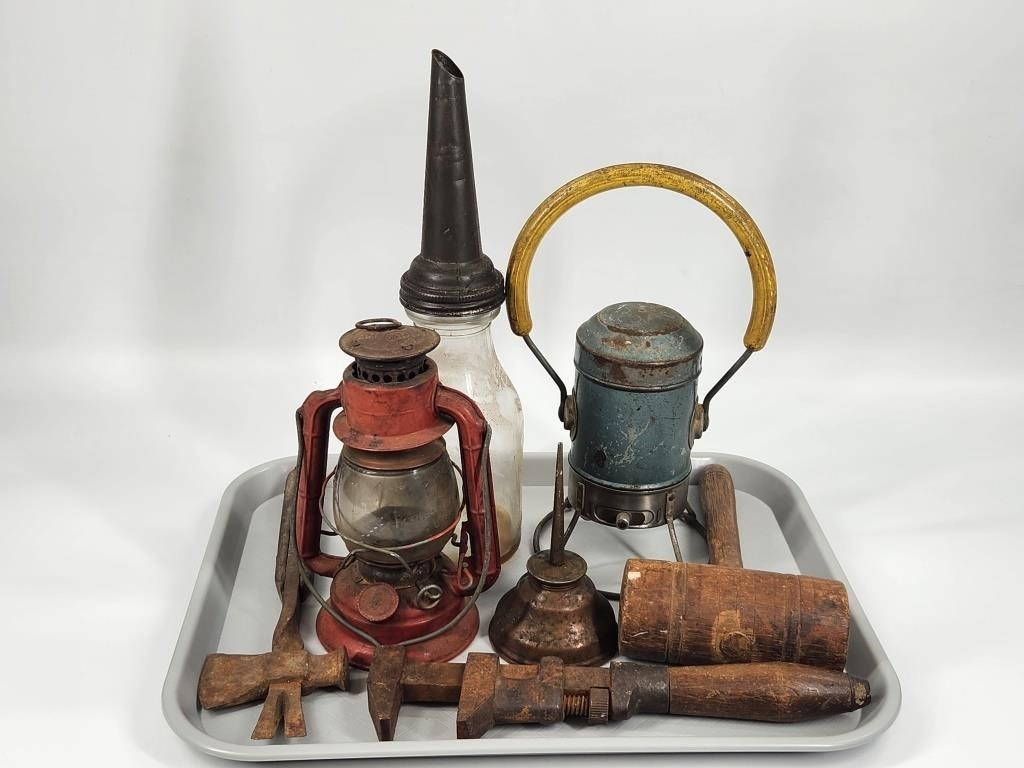 ANTIQUE OIL BOTTLE, TOOLS, LANTERN, OILER