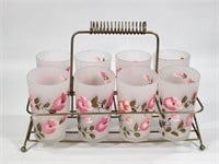 VINTAGE MID CENTURY PINK FLOWER ICED TEA GLASS SET