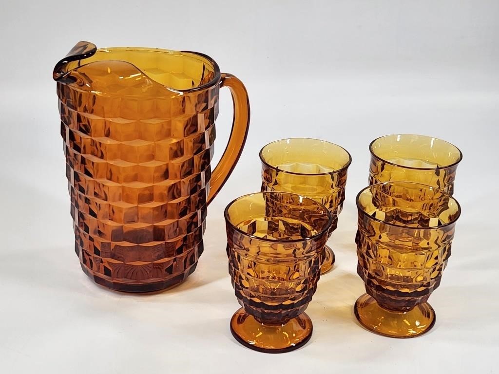 VINTAGE AMBER GLASS WATER PITCHER & 4 GLASSES
