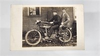 ANTIQUE POSTCARD - TWO MEN ON EARLY MOTORCYCLE
