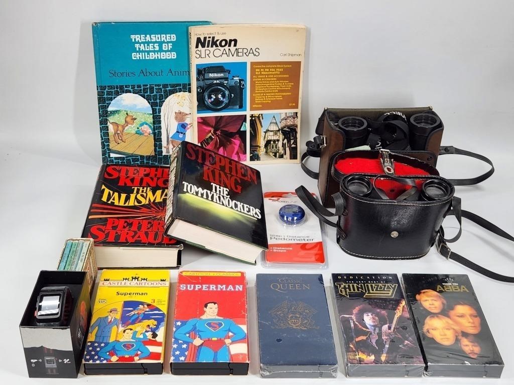 BINOCULARS, BOOKS, VHS TAPES