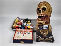 DIECAST MATCHBOX, MONOPOLY, HARLEY CARDS, MASK