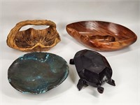 3) WOOD CARVED BOWLS & TURTLE, POTTERY BOWL